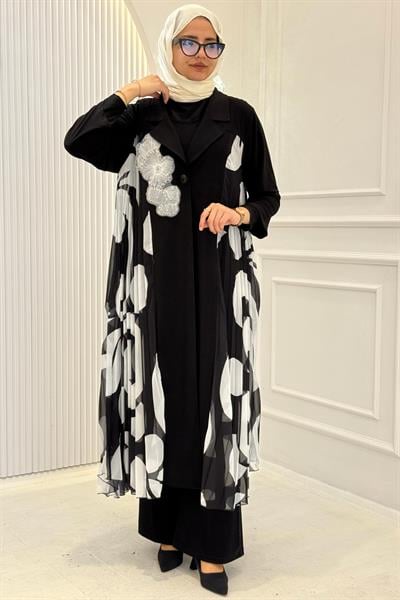 Büyük Beden Abaya ve İç Elbise Takım Siyah-Beyaz OTW6012