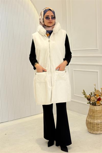 Büyük Beden Angora Yelek Ekru OTW6129