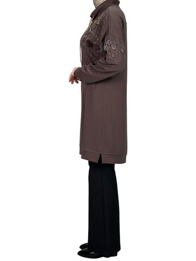 Büyük Beden Aplik Nakışlı Tunik Kahve OTW2128