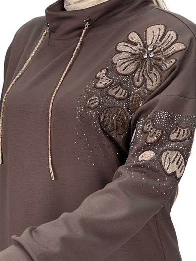 Büyük Beden Aplik Nakışlı Tunik Kahve OTW2128