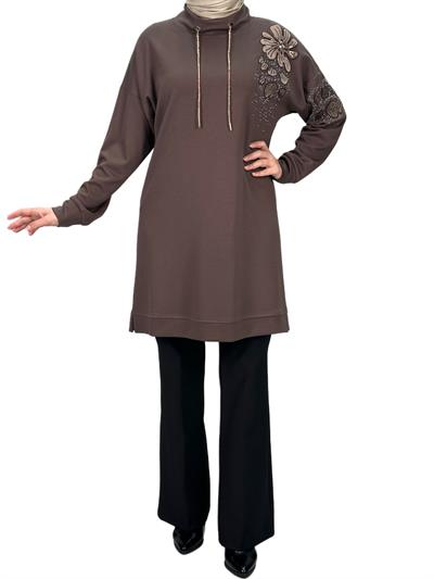 Büyük Beden Aplik Nakışlı Tunik Kahve OTW2128