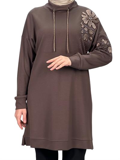 Büyük Beden Aplik Nakışlı Tunik Kahve OTW2128
