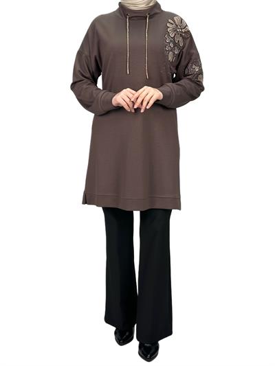 Büyük Beden Aplik Nakışlı Tunik Kahve OTW2128