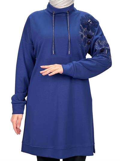 Büyük Beden Aplik Nakışlı Tunik Saks OTW2128