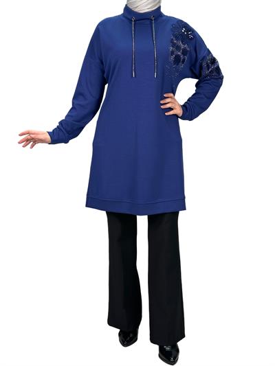 Büyük Beden Aplik Nakışlı Tunik Saks OTW2128