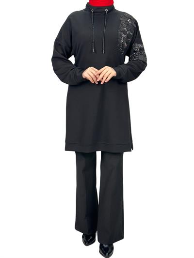Büyük Beden Aplik Nakışlı Tunik Siyah OTW2128