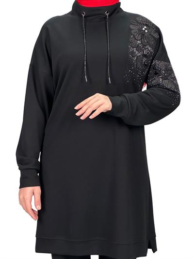 Büyük Beden Aplik Nakışlı Tunik Siyah OTW2128