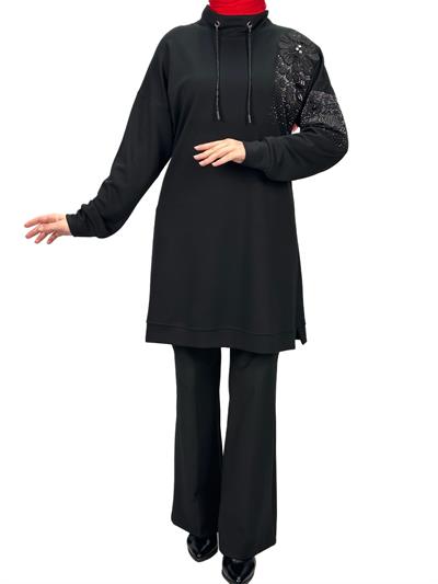 Büyük Beden Aplik Nakışlı Tunik Siyah OTW2128