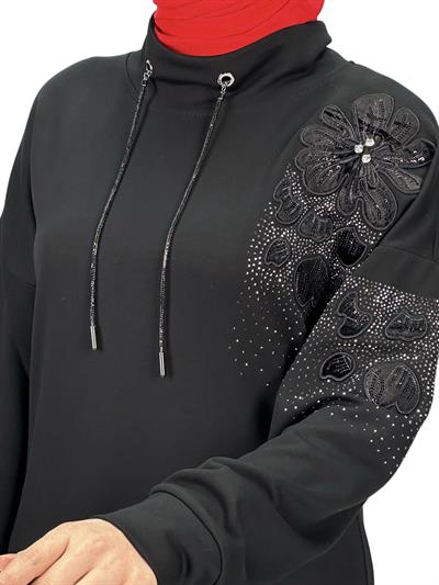 Büyük Beden Aplik Nakışlı Tunik Siyah OTW2128