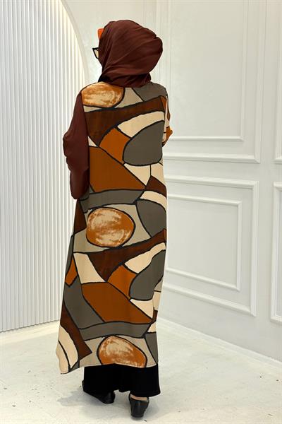 Büyük Beden Asimetrik Desenli Gömlek Kap Kahve OTW5028