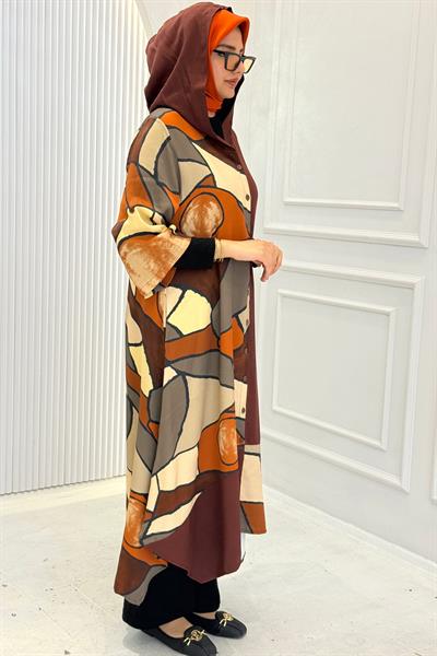 Büyük Beden Asimetrik Desenli Gömlek Kap Kahve OTW5028