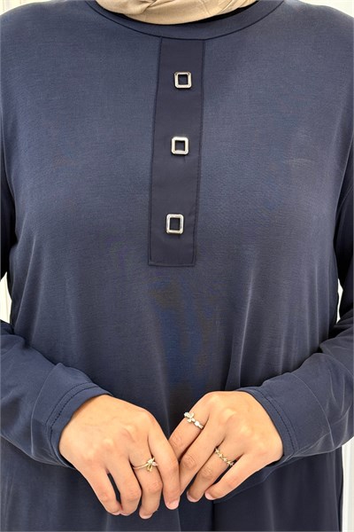 Büyük Beden Asimetrik Garnili Pantolonlu Pantolonlu Takım İndigo OTW365
