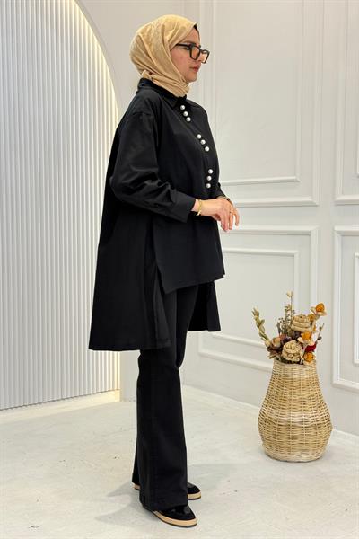 Büyük Beden Asimetrik Kesim İnci Detaylı Gömlek Siyah OTW9490