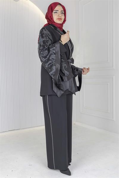 Büyük Beden Bağlamalı Taş Detaylı Takım Siyah OTW44850