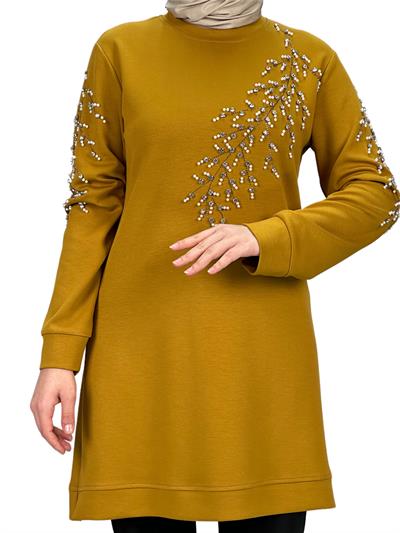 Büyük Beden Bahar Dalı Tunik Hardal OTW2124