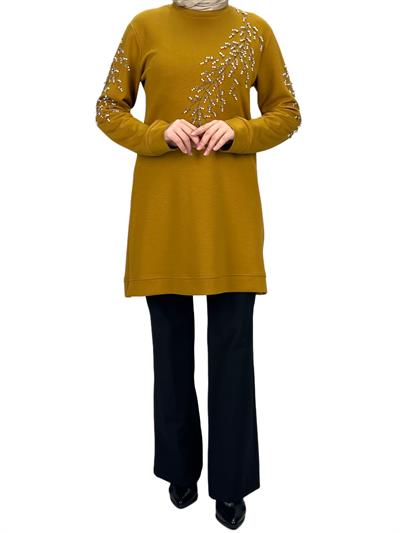 Büyük Beden Bahar Dalı Tunik Hardal OTW2124