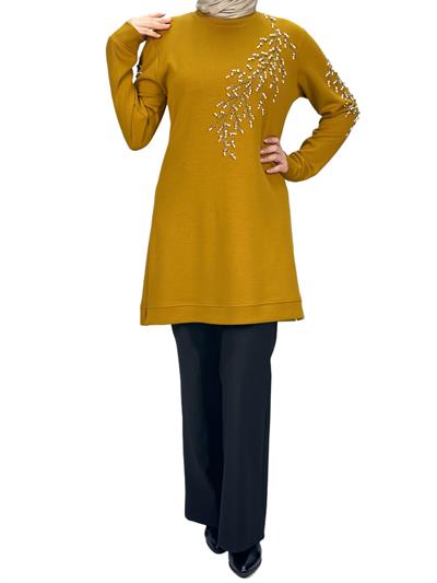 Büyük Beden Bahar Dalı Tunik Hardal OTW2124