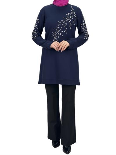 Büyük Beden Bahar Dalı Tunik Lacivert OTW2124
