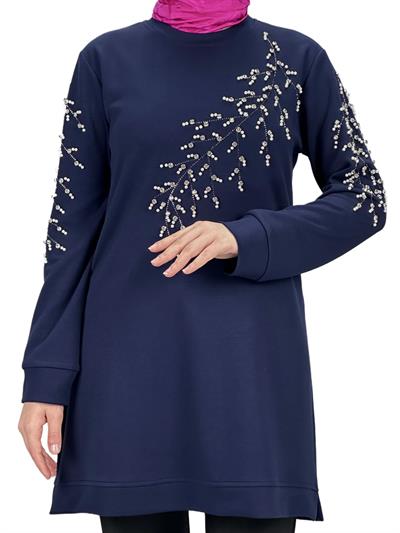 Büyük Beden Bahar Dalı Tunik Lacivert OTW2124
