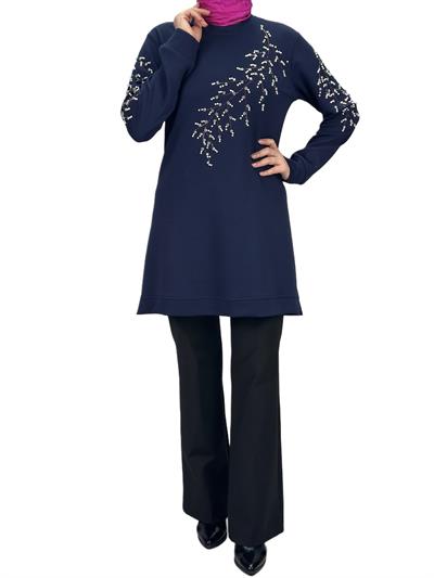 Büyük Beden Bahar Dalı Tunik Lacivert OTW2124