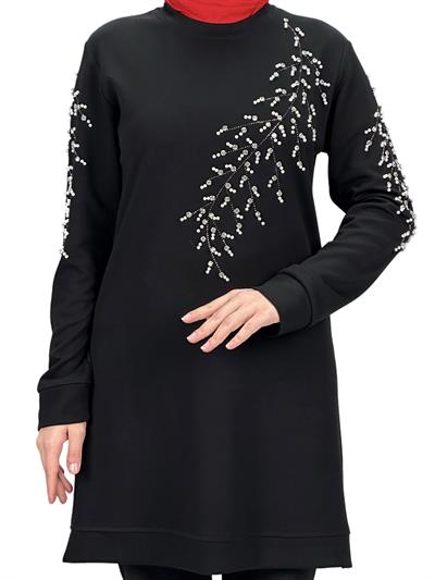 Büyük Beden Bahar Dalı Tunik Siyah OTW2124