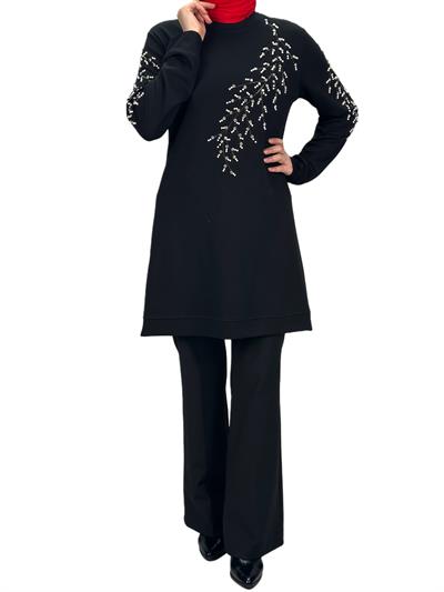 Büyük Beden Bahar Dalı Tunik Siyah OTW2124