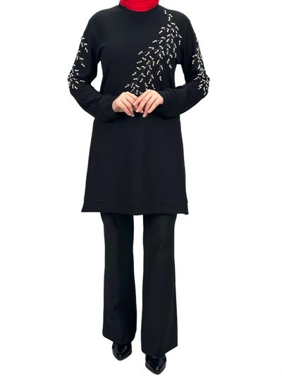 Büyük Beden Bahar Dalı Tunik Siyah OTW2124