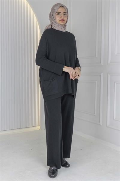 Büyük Beden Basic Triko Pantolonlu Takım Siyah OTW14231