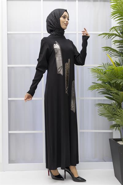 Büyük Beden Baskı Detaylı Sandy Elbise Siyah OTW795