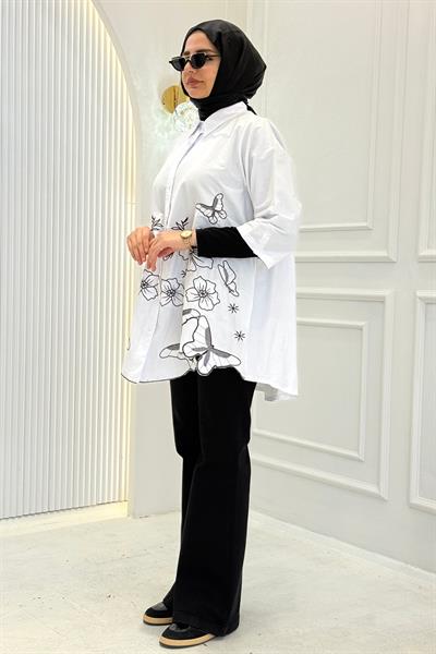 Büyük Beden Baskılı Tesettür Gömlek Beyaz OTW4120