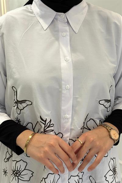 Büyük Beden Baskılı Tesettür Gömlek Beyaz OTW4120