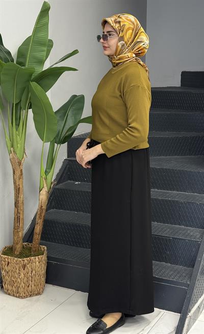 Büyük Beden Belden Bağlamalı Cepli Uzun Etek Siyah OTW3837