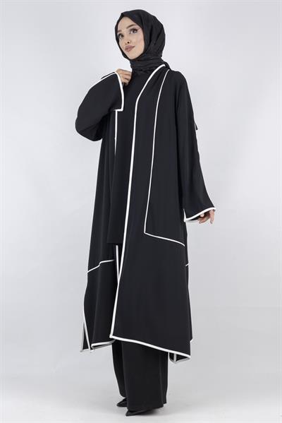 Büyük Beden Biyeli İçlik Ve Kimono Takım Siyah OTW1023