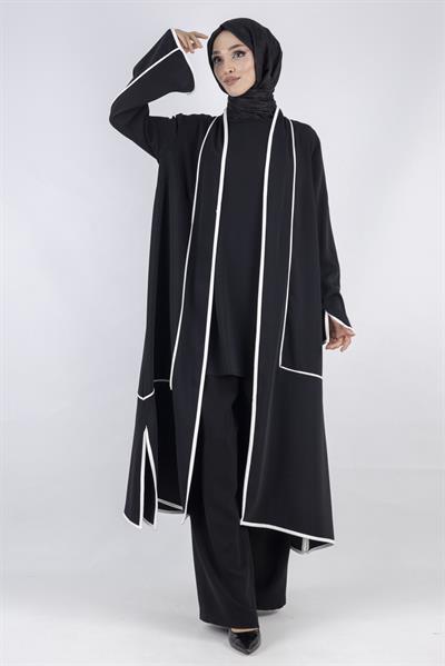 Büyük Beden Biyeli İçlik Ve Kimono Takım Siyah OTW1023