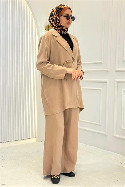 Büyük Beden Blazer Ceketli Pantolon Takım Vizon OTW1034