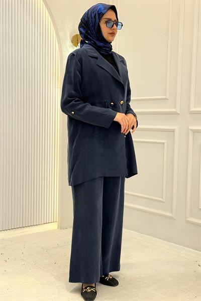 Büyük Beden Blazer Ceketli Pantolon Takım Lacivert OTW1034