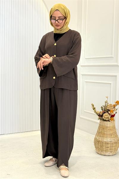 Büyük Beden Bol Paça Pantolonlu Takım Kahve OTW3915