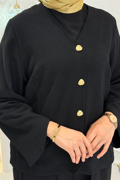 Büyük Beden Bol Paça Pantolonlu Takım Siyah OTW3915