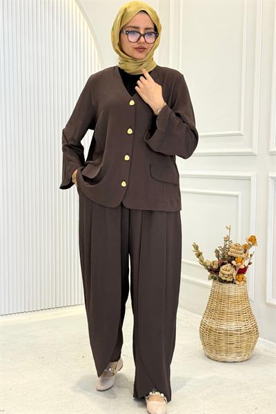 Büyük Beden Bol Paça Pantolonlu Takım Kahve OTW3915