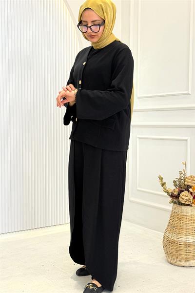 Büyük Beden Bol Paça Pantolonlu Takım Siyah OTW3915
