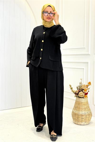 Büyük Beden Bol Paça Pantolonlu Takım Siyah OTW3915