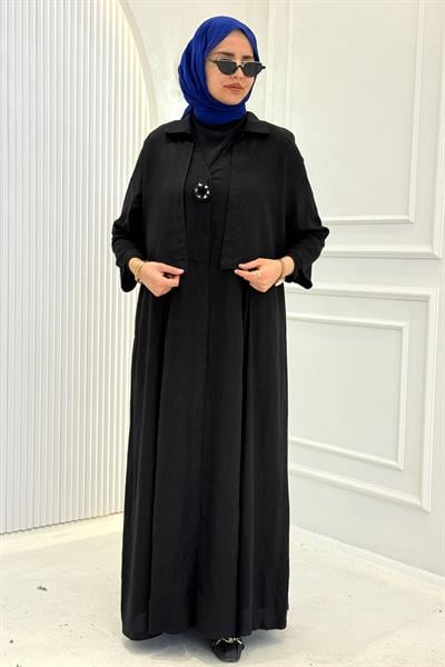 Büyük Beden Broş Detaylı Uzun Elbise Siyah OTW9628