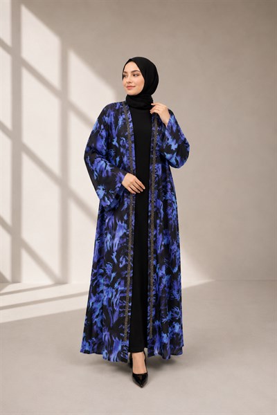 Büyük Beden Çakma İnci Detaylı Desenli Saten Abaya Takım Lavanta OTW2929