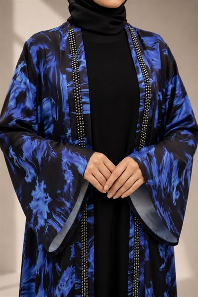 Büyük Beden Çakma İnci Detaylı Desenli Saten Abaya Takım Lavanta OTW2929