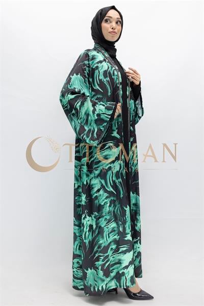 Büyük Beden Çakma İnci Detaylı Desenli Saten Abaya Takım Yeşil OTW2929