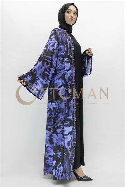 Büyük Beden Çakma İnci Detaylı Desenli Saten Abaya Takım Lavanta OTW2929