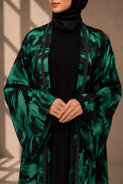 Büyük Beden Çakma İnci Detaylı Desenli Saten Abaya Takım Yeşil OTW2929