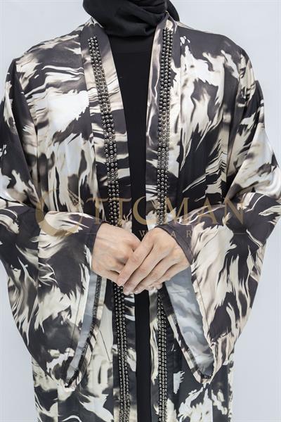 Büyük Beden Çakma İnci Detaylı Desenli Saten Abaya Takım Siyah OTW2929