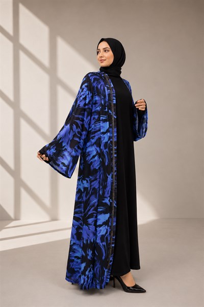 Büyük Beden Çakma İnci Detaylı Desenli Saten Abaya Takım Lavanta OTW2929