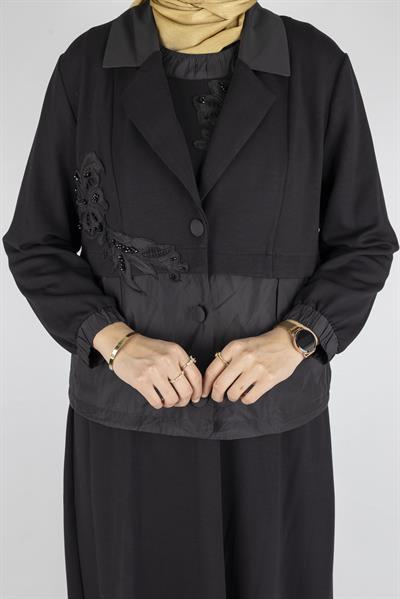 Büyük Beden Çelik Örme Elbise Ceket Takım Siyah OTW50456